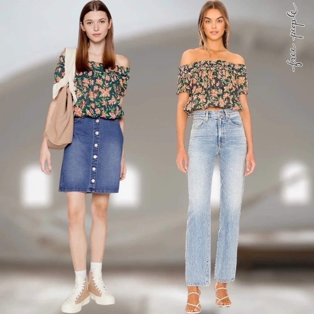 FREE PEOPLE Suki Floral Print Short-Puff-Sleeve Off-The-Shoulder Top MD NWT